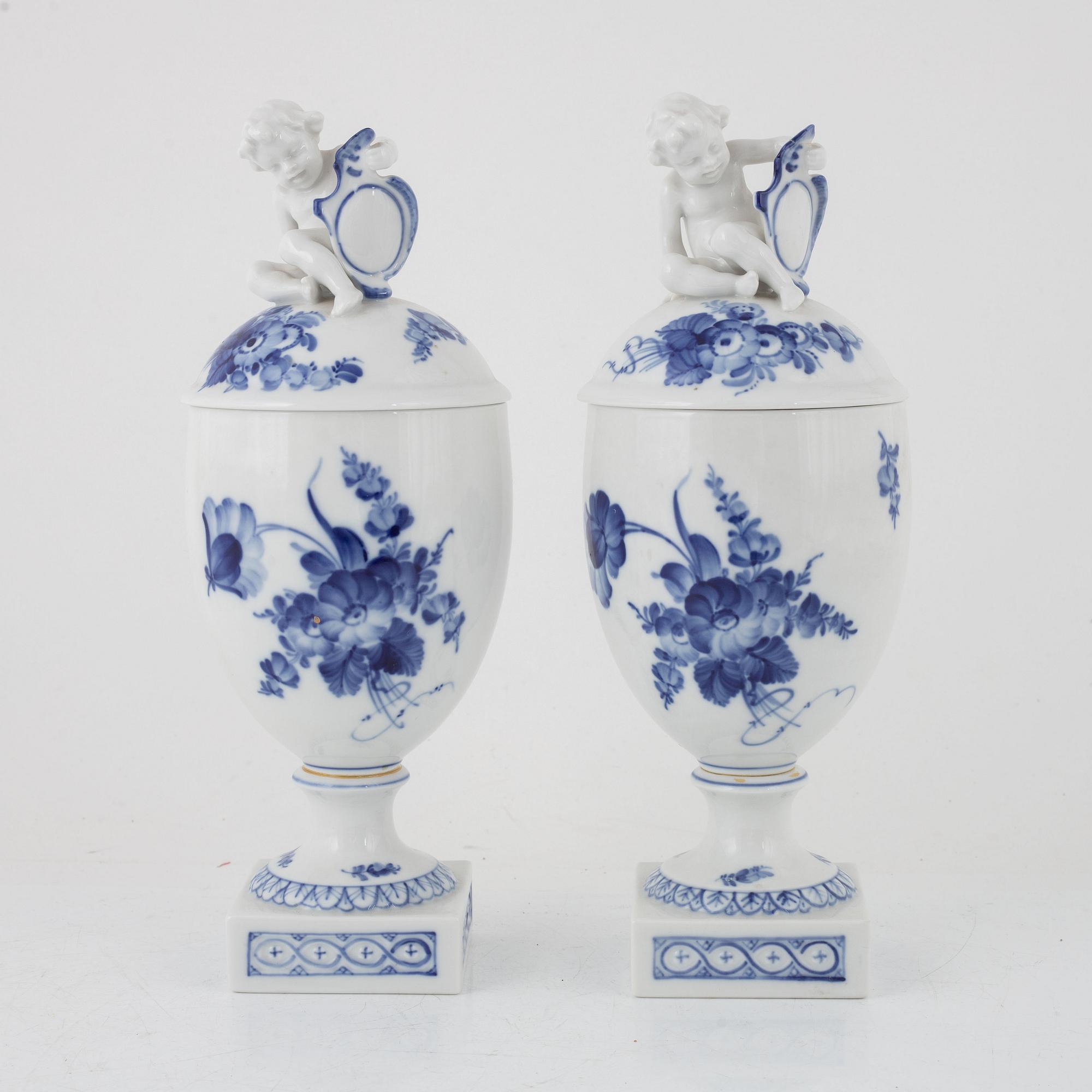 A pair of 'Blå Blomst' porcelain lidded urns, Royal Copenhagen, Denmark.