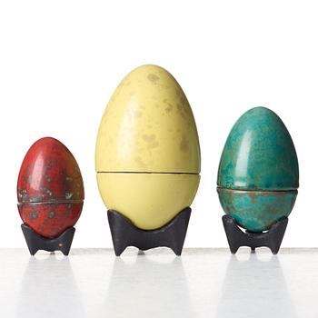 Hans Hedberg, a set of three faience sculptures of eggs, Biot, France.