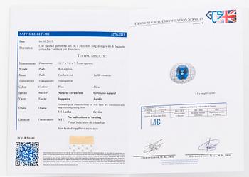 A 8.00 ct, "Trombino" sapphire ring with step- and brilliant-cut diamonds signed Bulgari. Certificate from GCS.