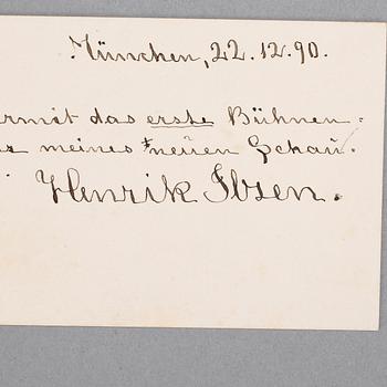 HENRIK IBSEN (1828-1906), egenhändigt skrivet kort med signatur, dat München 22/12 -90.