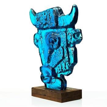 Edvin Öhrström, a blue/ turquoise coloured cast glass sculpture of a bull's head, Lindshammar glassworks, Sweden, signed and dated 1953.