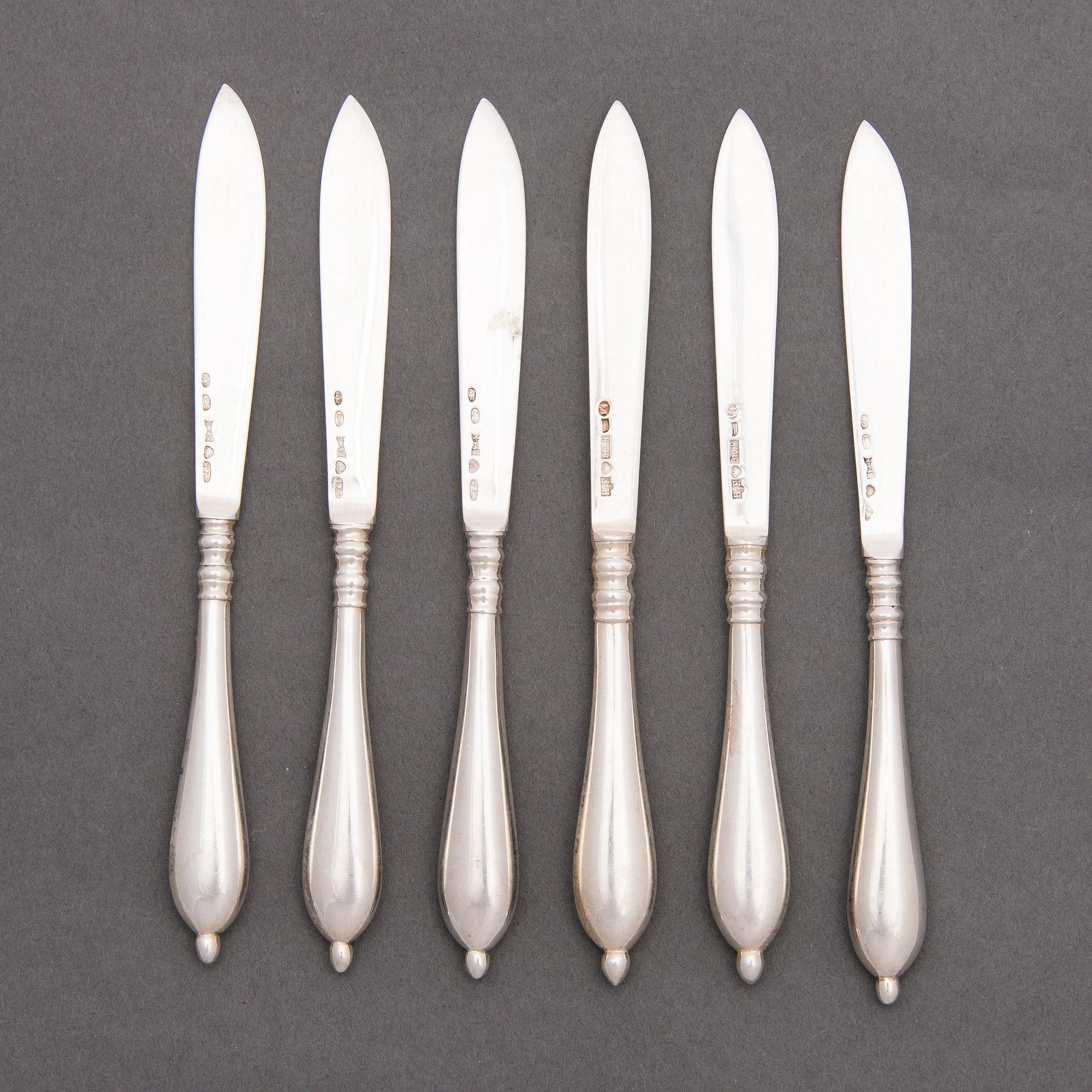 A SET FRUIT KNIVES, 6 st, silver. Hjalmar Edvard Fagerroos and Karl Alfred Lind, Helsinki Finland 1902-1910.