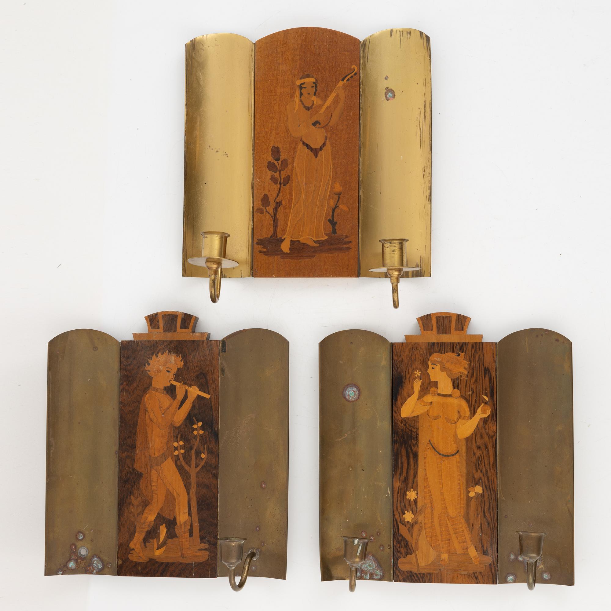 Vägglampetter, 3 st, Mjölby Intarsia, 1930-tal.