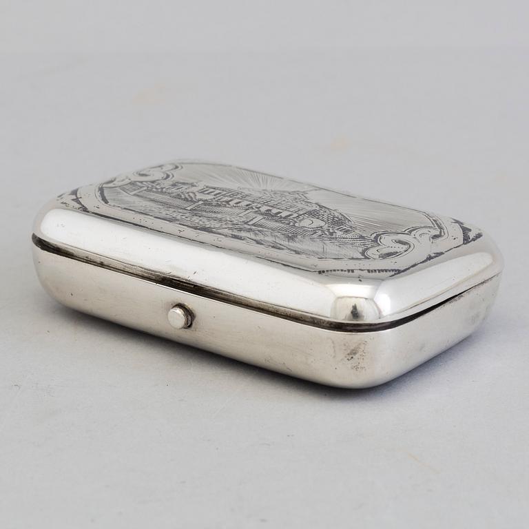 A Russian silver and niello tobacco cheroot box, unidentified maker's mark, Moscow, 1855-1888.