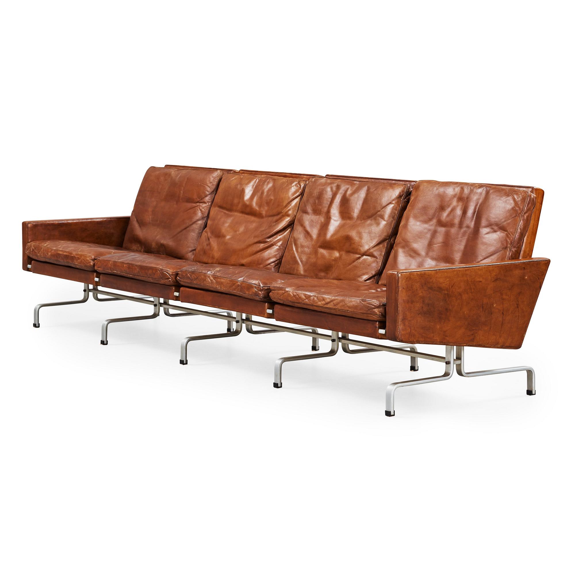 Poul Kjaerholm, a 'PK-31-4' four-seated brown leather and steel sofa, E Kold Christensen, Denmark 1960's.