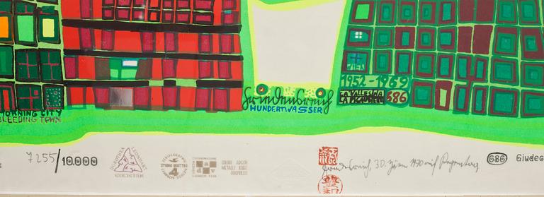 FRIEDENSREICH HUNDERTWASSER, färglitografi med metallpräglning, signerad och numrerad 7255/10000, daterad 1970.