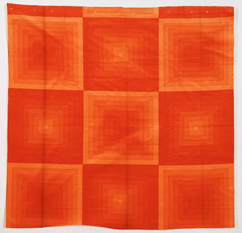 Verner Panton, CURTAINS, 2 PIECES, AND SAMPLERS, 11 PIECES.  Cotton velor. A variety of orange nuances and patterns. Verner Panton.