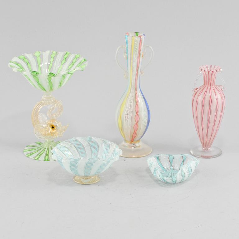 PARTI GLAS, 5 delar, glas, Murano, Italien, 1900-talets andra hälft.