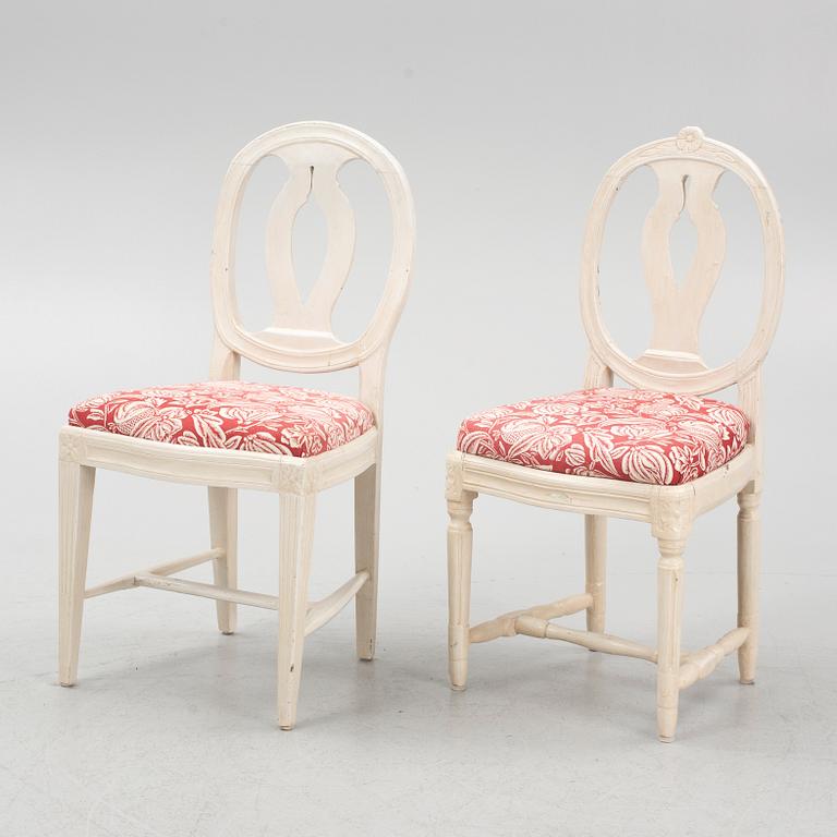 Four Gustavian chairs and a pair of similar Gustavian chairs, Sweden, early 19th century.