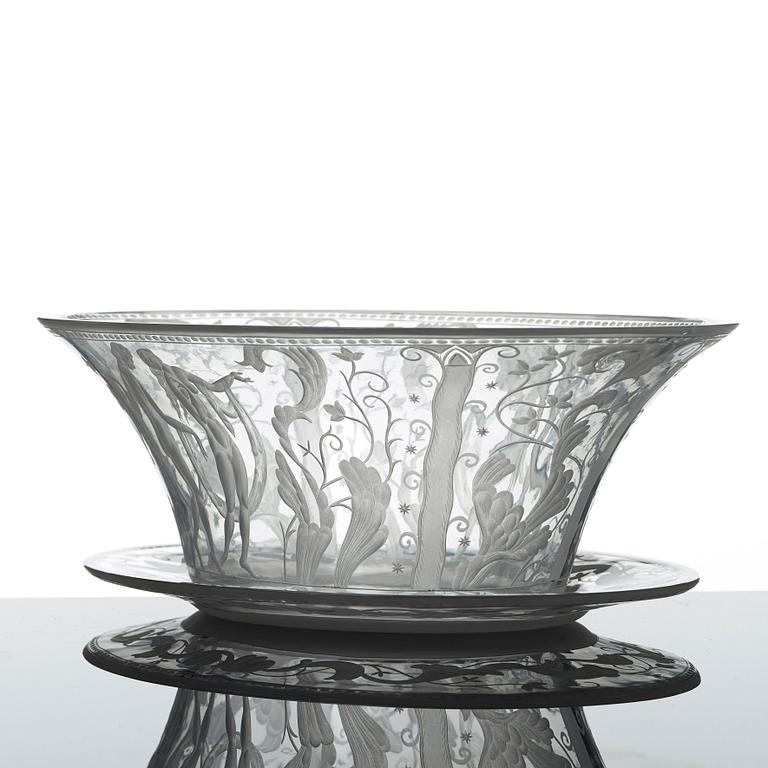 Simon Gate, an engraved glass bowl and stand, Orrefors, Sweden  1924, model 147.