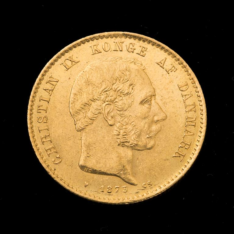 GULDMYNT, 20 kroner, Christian IX, Danmark, 1873. Vikt ca 9 gram.