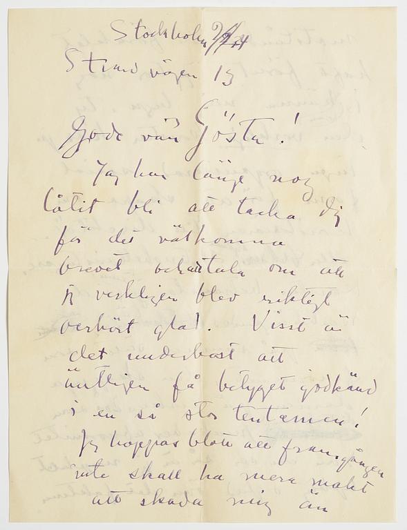 BREV från Carl Kylberg till GAN (Gösta Adrian-Nilsson). Daterat "Stockholm 2/2/(19)34. Strandvägen 13".