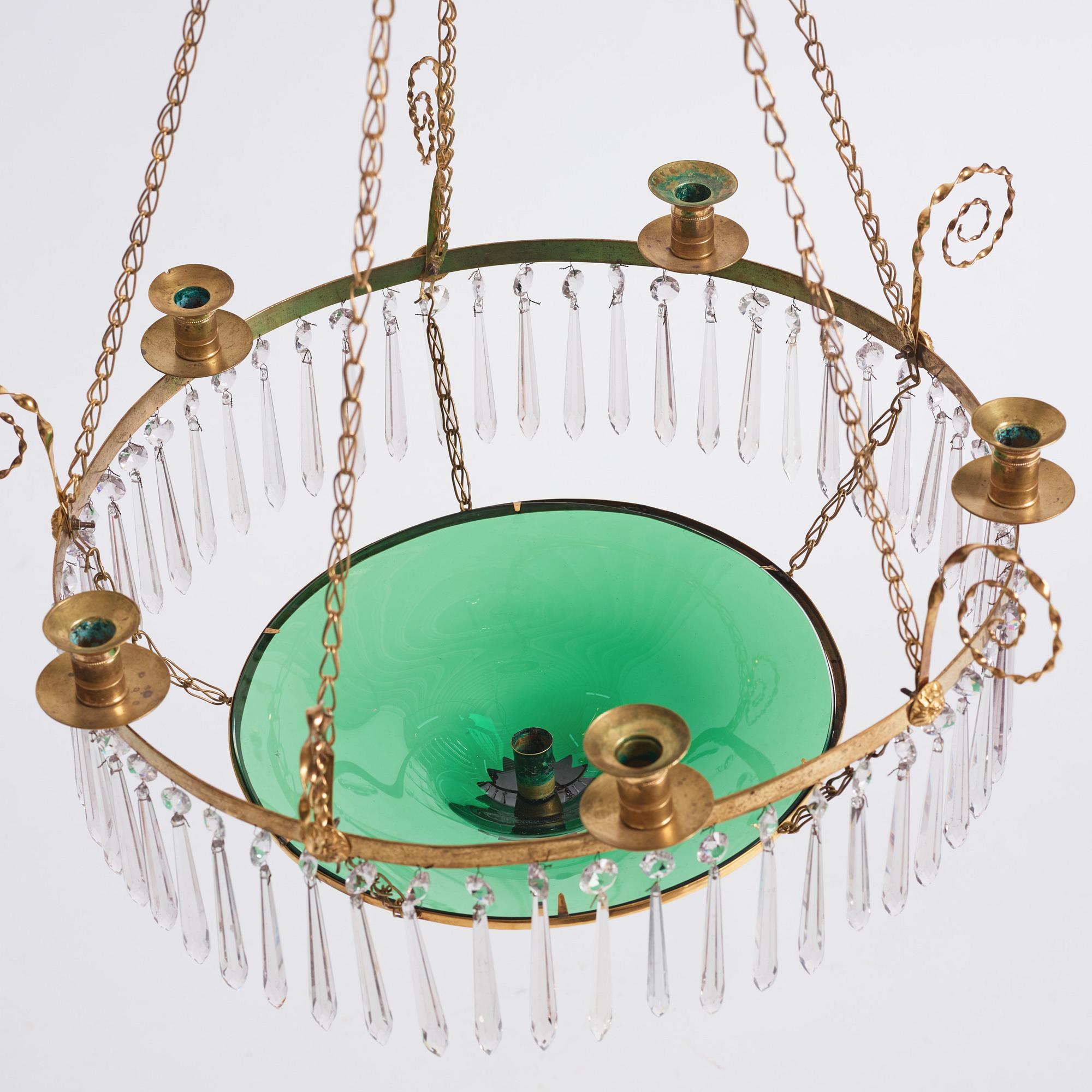 A late Gustavian gilt-brass and green glass six-light chandelier, late 18th century.