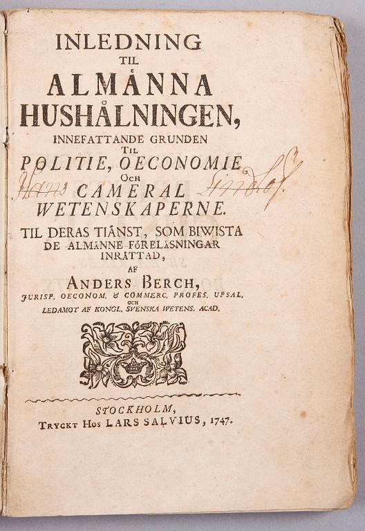 BÖCKER, 6 st, om lanthushållning, bla "Tankar wid skötseln och nyttan af boskap och fjäderfä..." av Jan Brauner, Stockholm 1756.