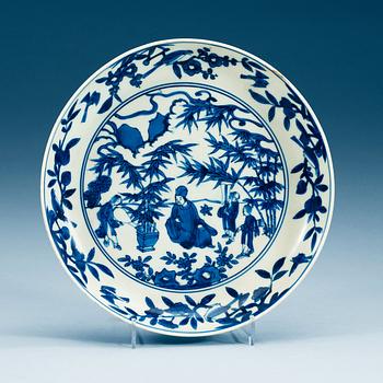 1937. A blue and white dish, Qing dynasty with Wanli six character mark.