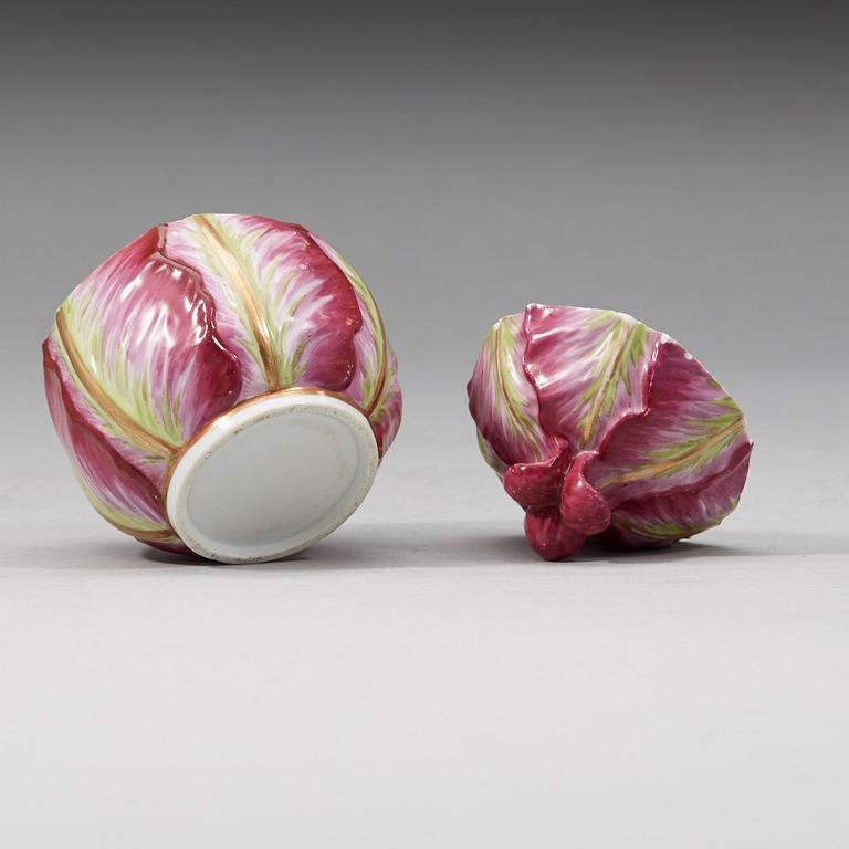 Meissen, A Meissen cabbage shaped cup with cover and stand, period of Marcolini (1774-1814).