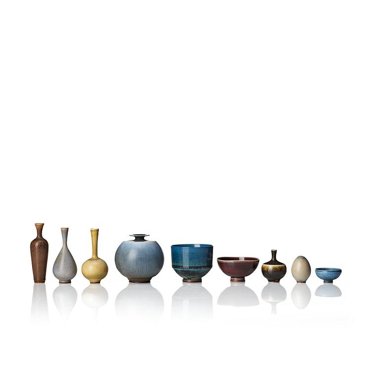 Berndt Friberg, 3 miniatyrskålar och 6 vaser, Gustavsbergs studio 1950-60-tal.