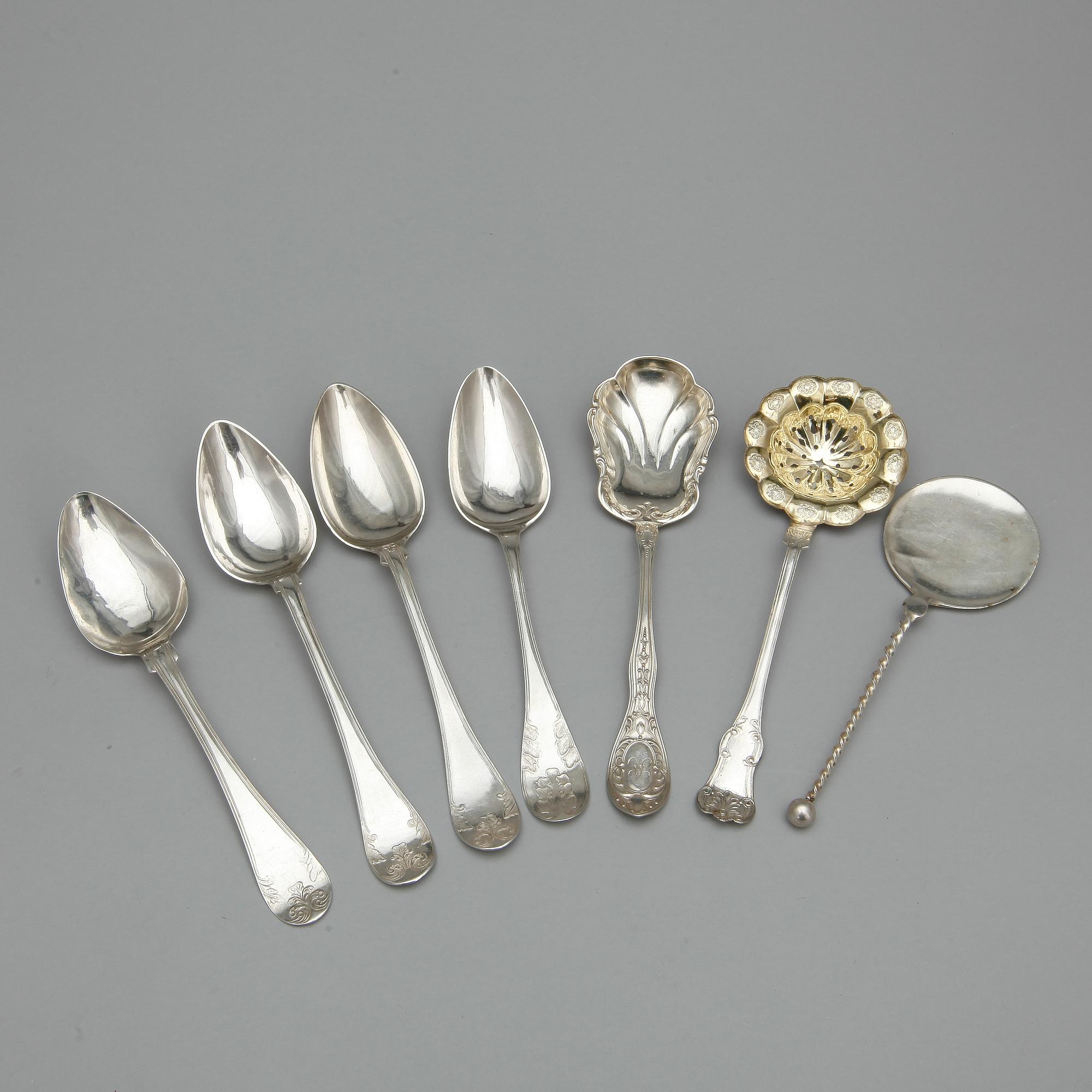 PARTI SILVER, 7 delar, bl.a. Anders Wessman, Kristandstad 1857. Total vikt ca 324 gram.