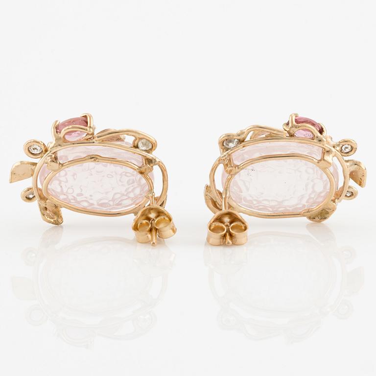 Earrings "honey comb" with cut rose quartz, pink tourmaline, and brilliant-cut diamonds.