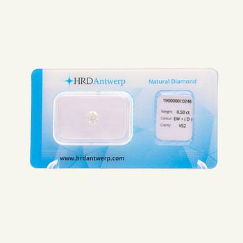 A round brilliant-cut diamond 0.50 ct with HRD Antwerp certificate.