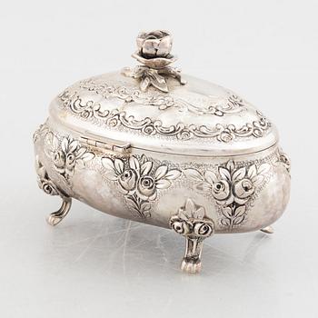 Sugar box, silver 830, Swedish import mark, and sugar tongs, sterling silver, Georg Jensen, Denmark.