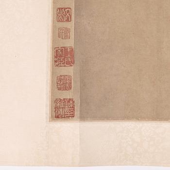 A Chinese scroll painting/wall paper-panel, ink and colour on paper, after Jiang Tingxi (1669-1732), Qing dynasty.