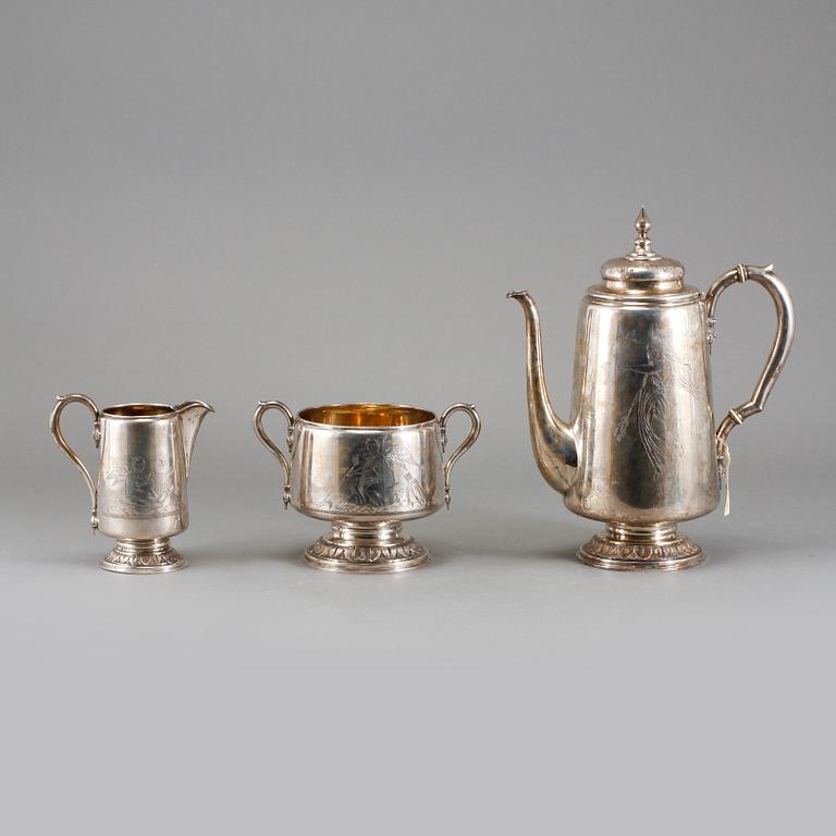 KAFFESERVIS, 3 delar, silver, Nils August Malmqvist, Malmö, 1884, total vikt ca 1310 g.