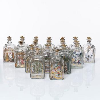 17 schnapps bottles, Holmegaard Christmas bottles, Denmark, 1989-2007.