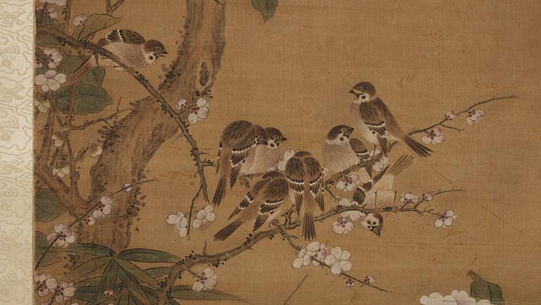 A Song style hanging scroll with birds, by an unidentified artist signed Wu Zhu, late Qing dynasty (1644-1912).