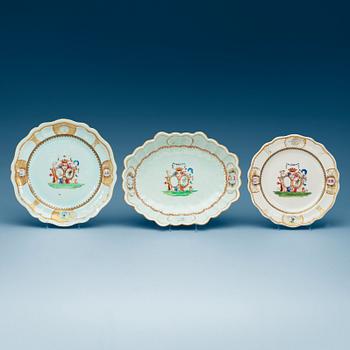 1549. Two armorial dinner plates and four serving dishes, Qing dynasty, Qianlong (1736-95).