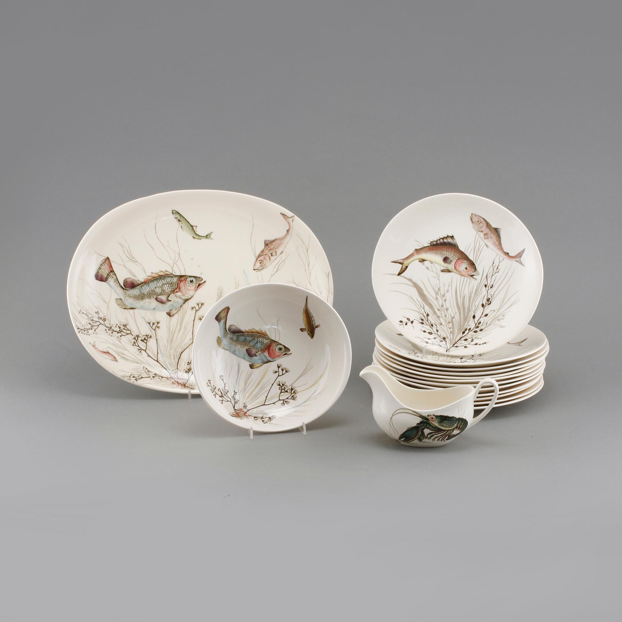 FISKSERVIS, 15 delar, flintgods, "Fish", Johnson Bros, England, 1900-talets andra hälft.