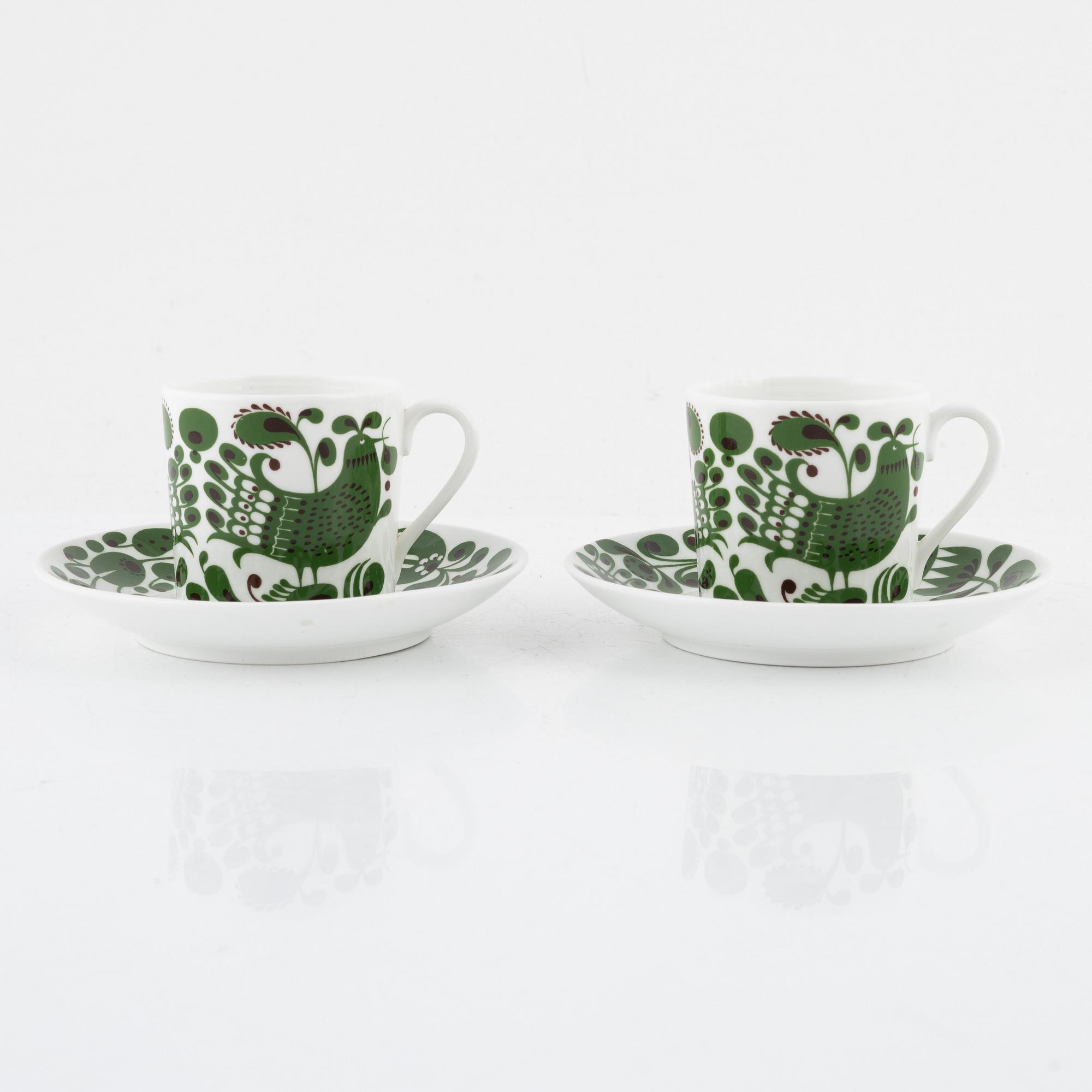 Stig Lindberg, kaffekoppar med fat, benporslin, 6 st "Turtur", Gustavsberg, 1990-tal.