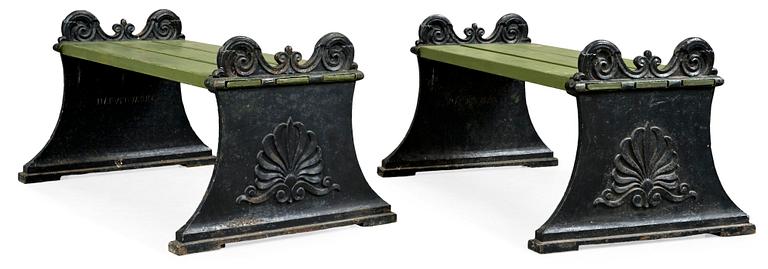 A pair of Folke Bensow cast iron parkbenches, Näfveqvarns Bruk.