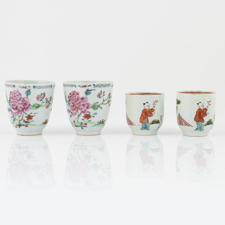 Two pairs of famille rose cups, a bowl, a small dish and a pair of deep dishes, Qing dynasty, 18th/19th century.