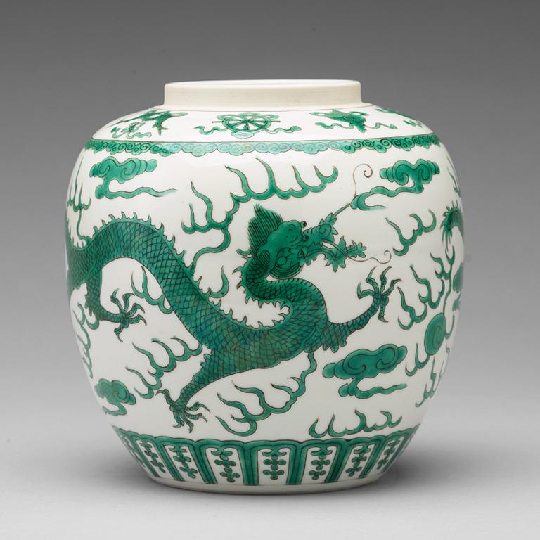 A green enamelled dragon jar, China, circa 1900.