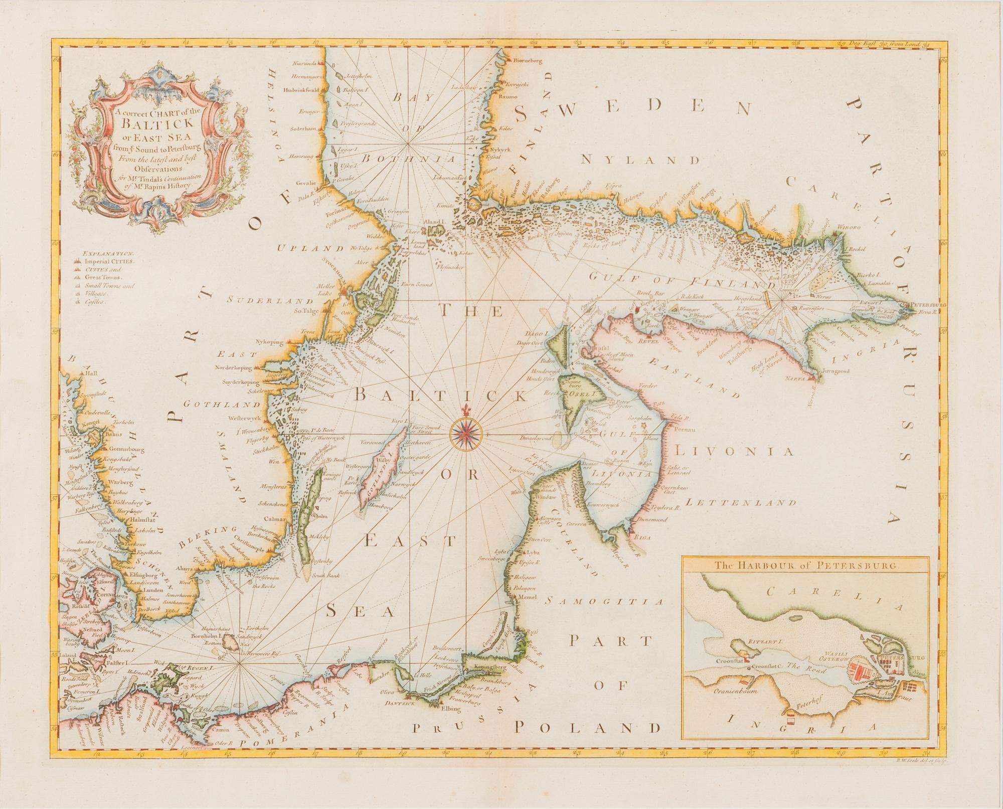 SJÖKORT, handkolorerat kopparstick, Nicholas Tindal (1687-1774) & Paul de Rapin (1661-1725), London cirka 1760.
