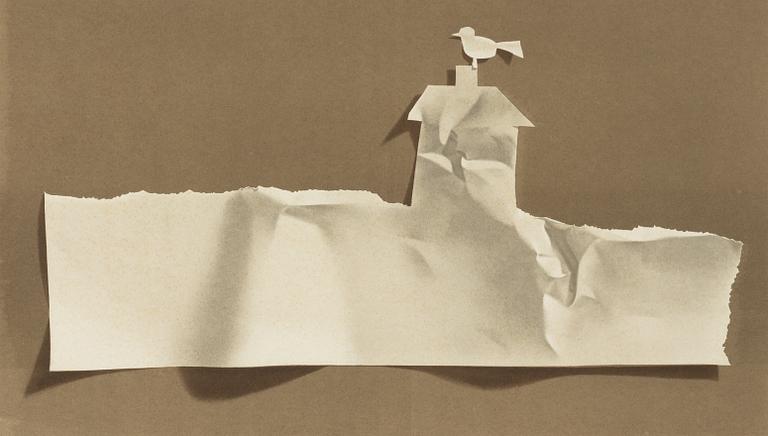 Yrjö Edelmann, paper sheet with a cut-out house and bird.