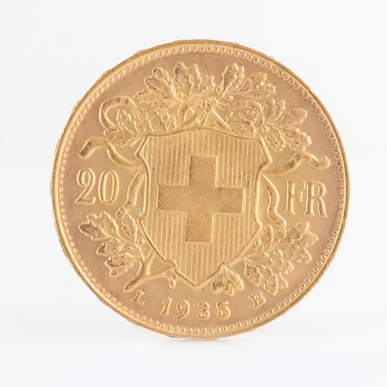 Guldmynt, Schweiz, 20 Franc, 1935 LB.