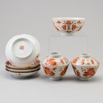 Two cups with covers, four dishes and a bowl, Qing dynasty, late 19th century.