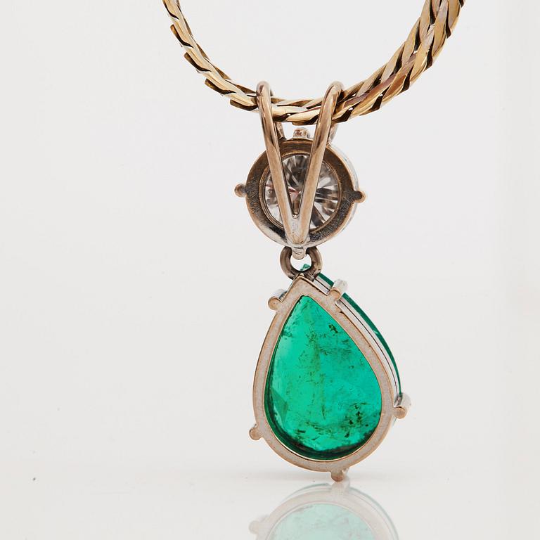 A brilliant cut diamond and a pear shaped emerald pendant.