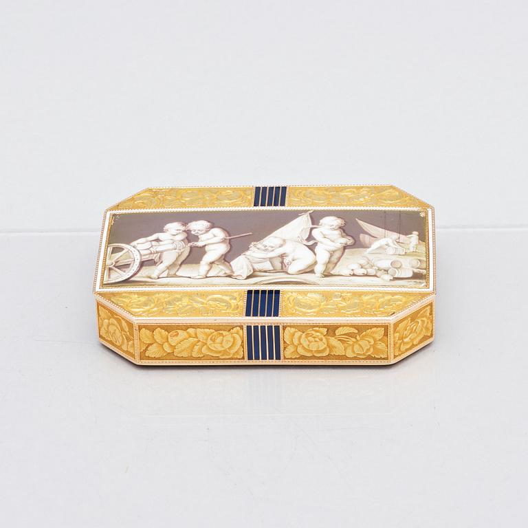 An early 19th century gold and enamel box, unidentified mark M, possibly Switzerland.