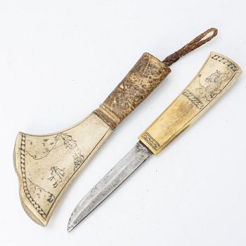 Half-horn knife and wooden cup, unidentified craftsmen.