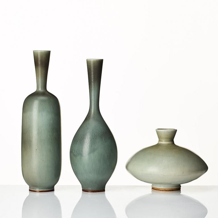 Berndt Friberg, three stoneware vases, Gustavsberg studio, Sweden 1964, 1965 and 1974.