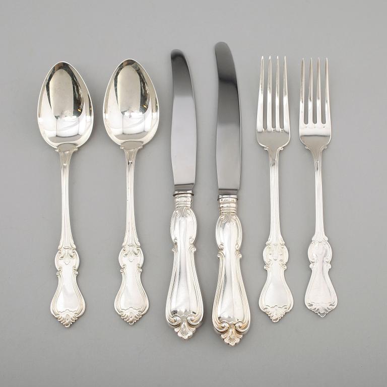 BESTICK, 26 delar, "Olga", silver, C.G Hallberg, 1950-/60-tal. Vikt med stålblad ca 1510 g.