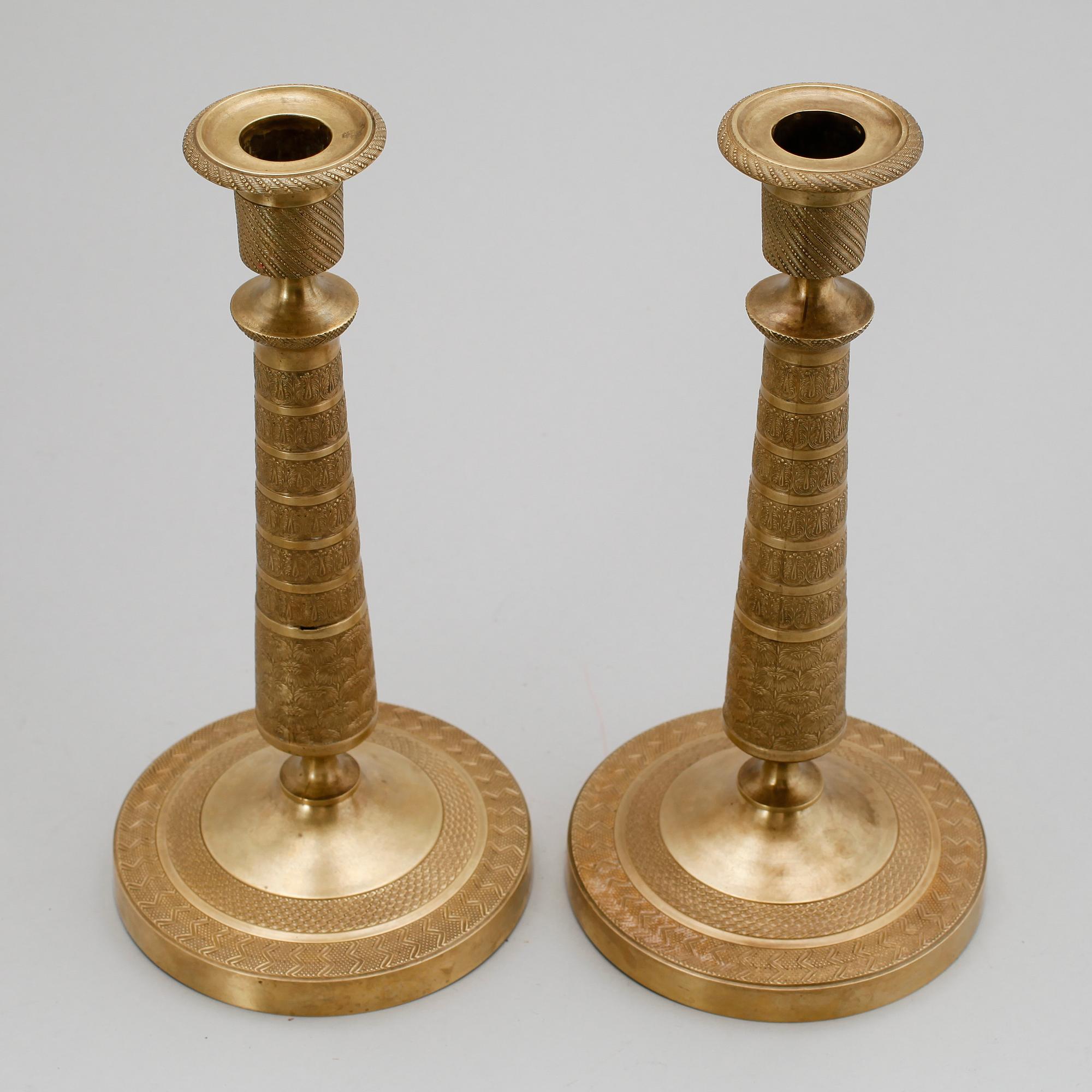 LJUSSTAKAR, 1 par, brons, empire, tidigt 1800-tal.