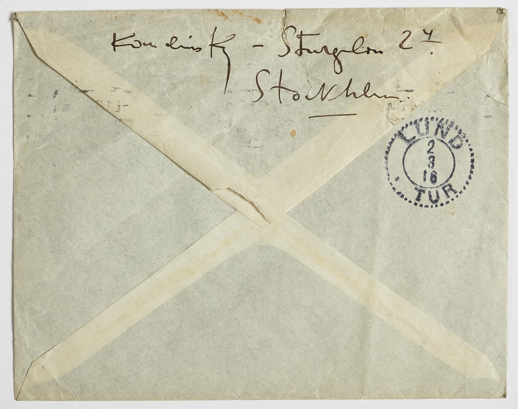 LETTER, from Wassily Kandinsky in Stockholm to GAN (Gösta Adrian-Nilsson) in Lund, dated 29 II (19)16 Envelope enclosed.