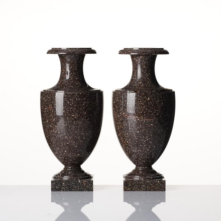 A pair of Swedish early 19th century 'Blyberg' porphyry urns.