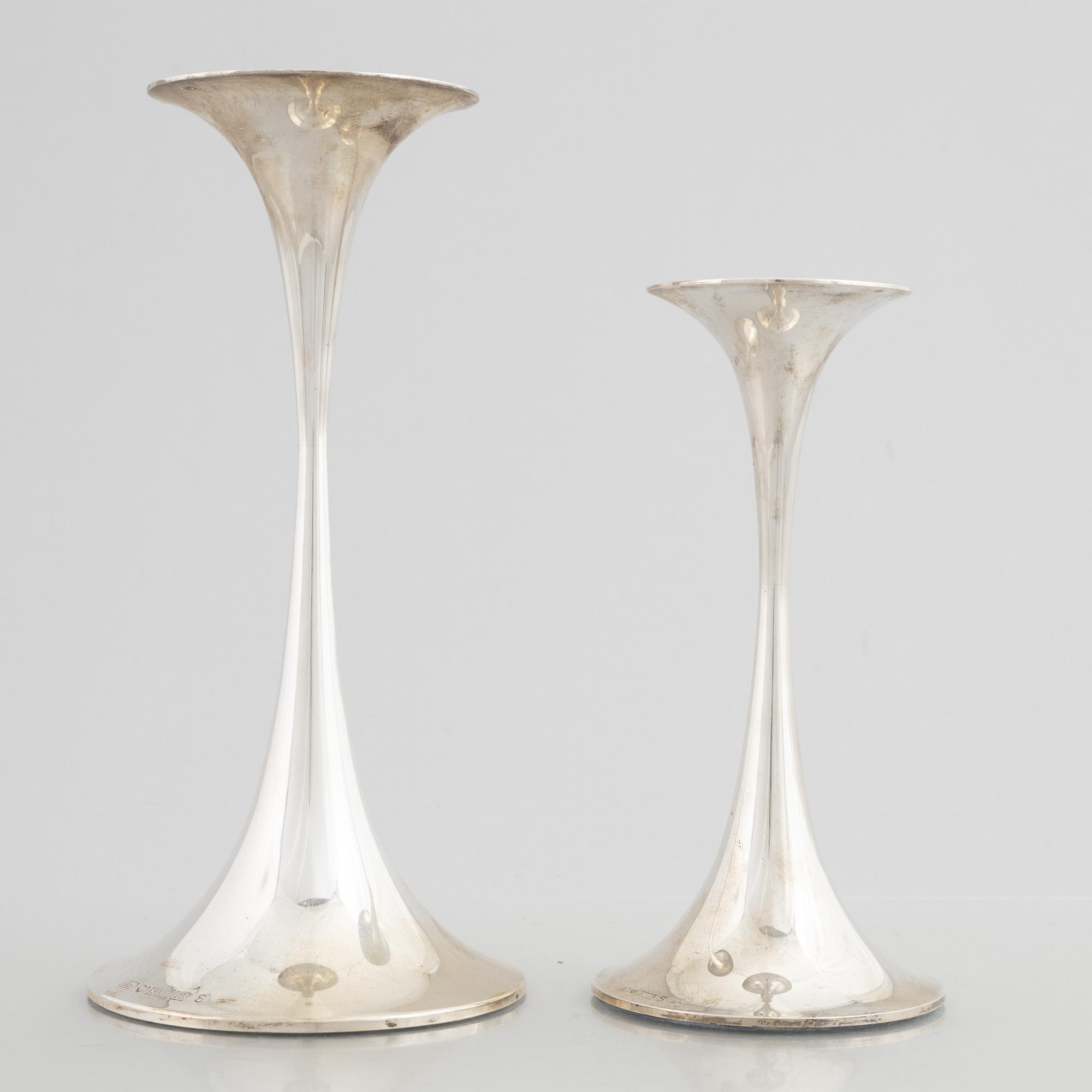 Two silver candlesticks, marks of Tapio Wirkkala, "Trumpetti", Kultakeskus, Tavastehus, Finland 2001.