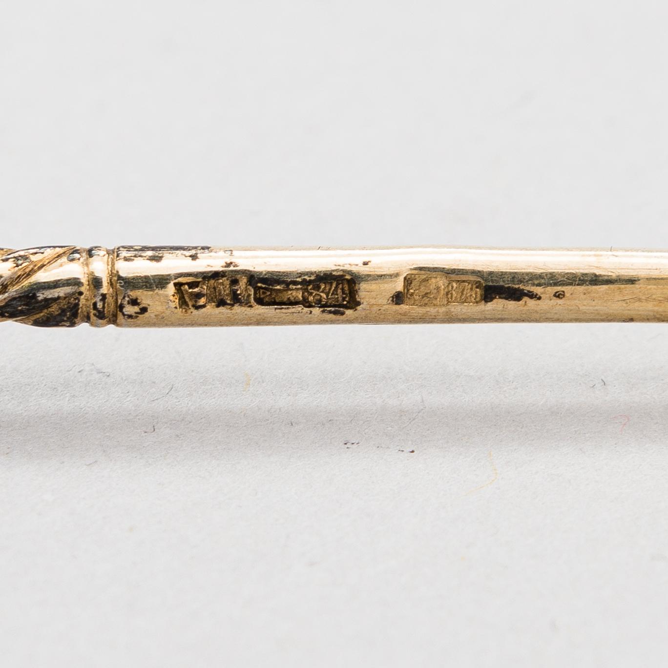 A salt cellar, mark of D. Nikitin, and 2 spoons, poss. P. Abrosimov and M. Andreyevna, enamel, silver. Moscow 1899-1908.