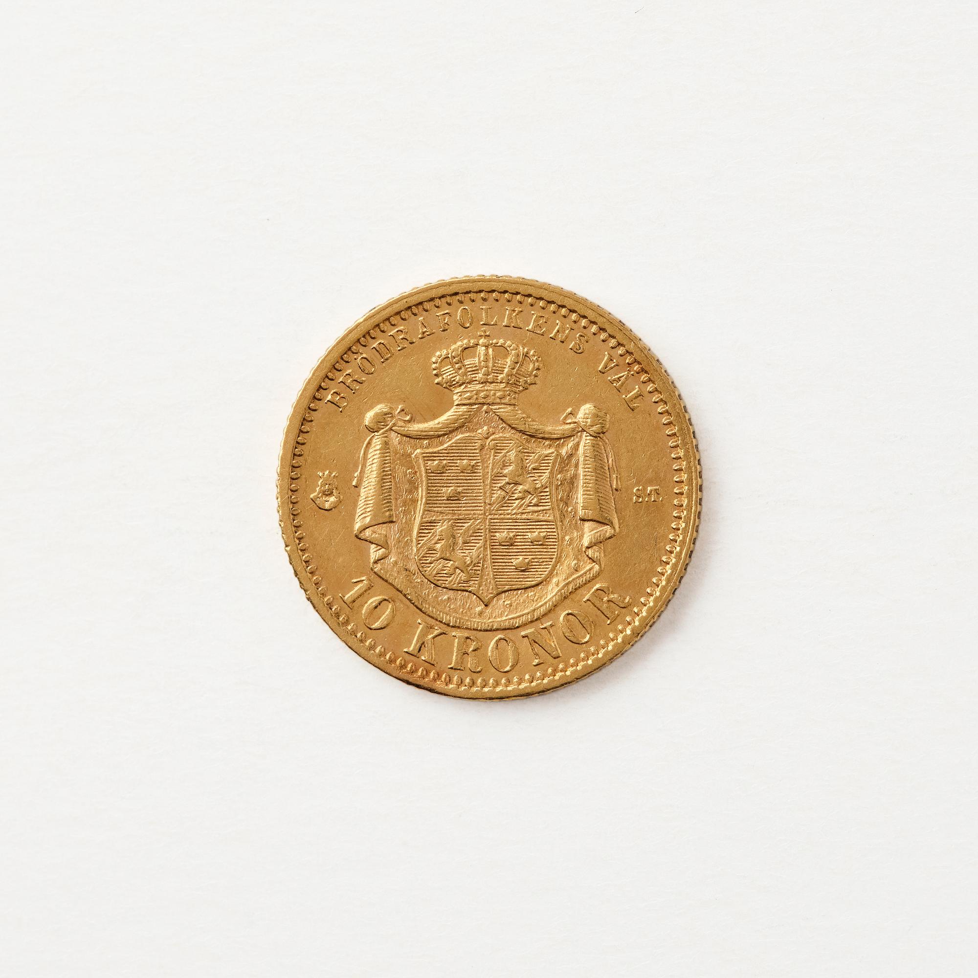 Gold coin, Oscar II, Sweden, 10 kronor, 1874.